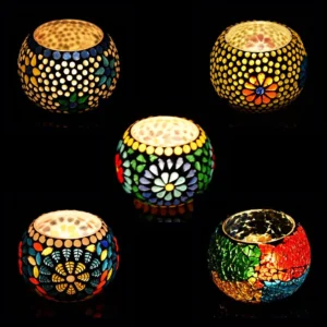 Firozabad Glass Crafted Mosaic Candle Holders Multicolor Set of 5