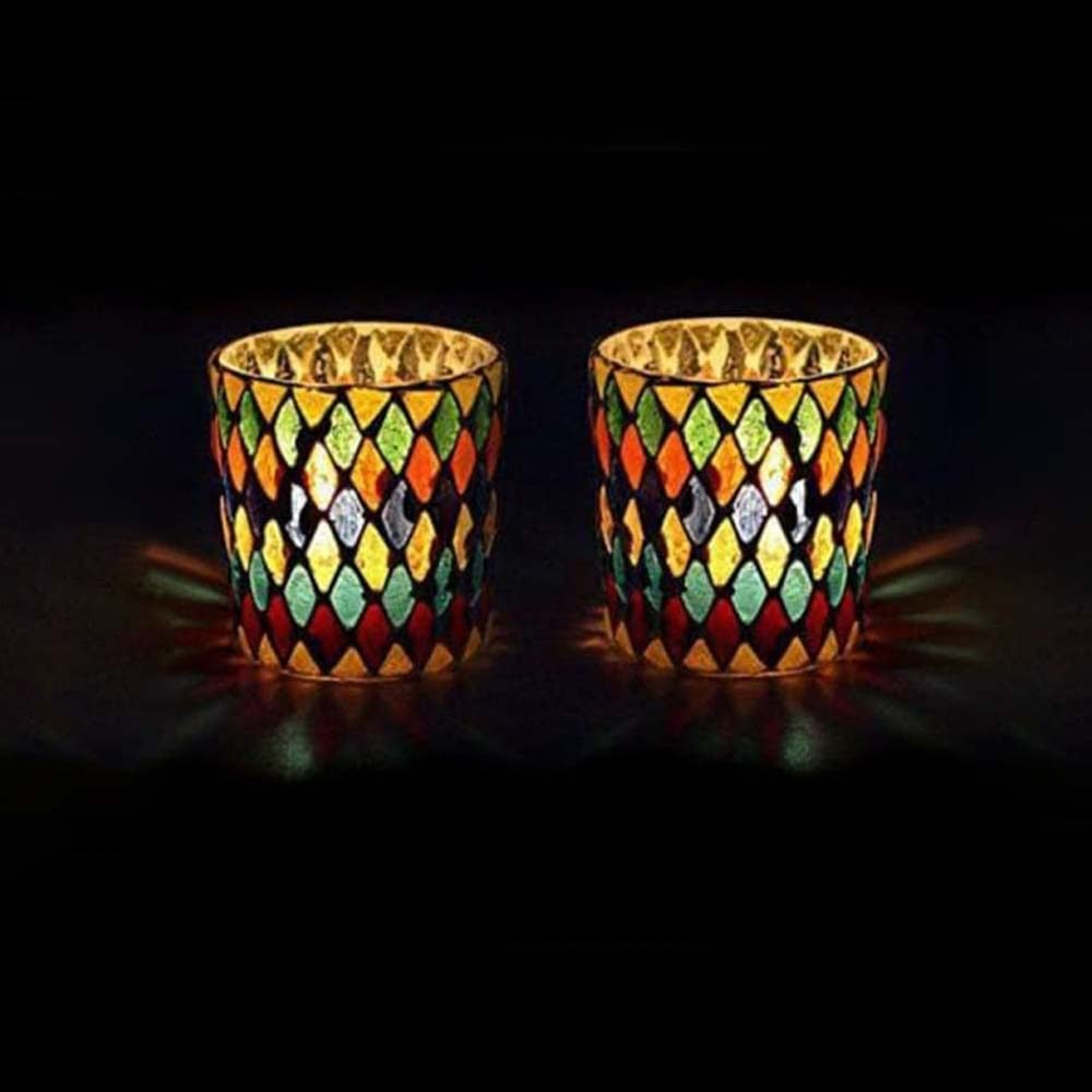 Firozabad Glass Crafted Mosaic Candle Holders Set of 2