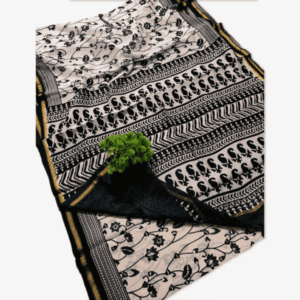 Chanderi Silk Saree Hand Block Printed White and Black