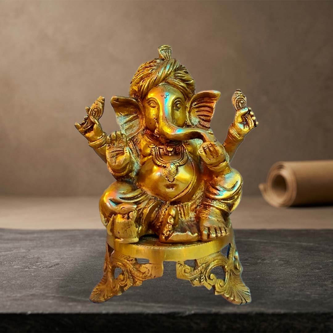 Moradabad Metal Craft Brass Lord Ganesha with Singhasan Statue