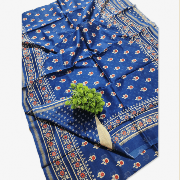 Chanderi Silk Saree Hand Block Printed Floral Pattern Blue