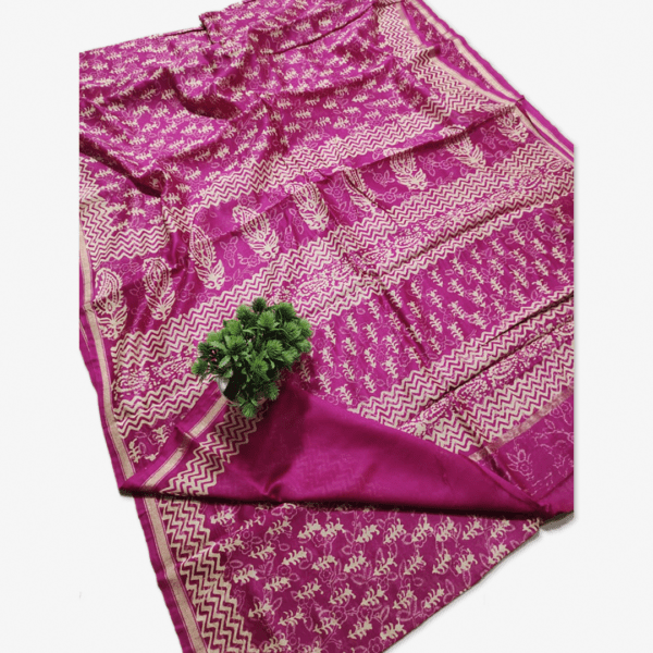 Chanderi Silk Saree Hand Block Printed Dark Pink