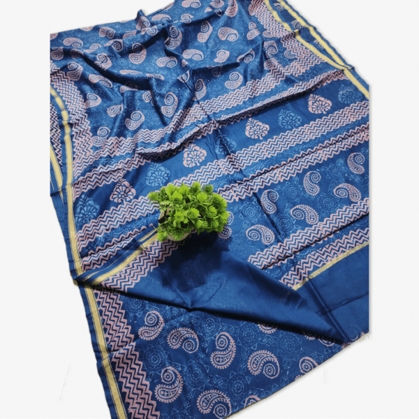 Chanderi Silk Saree Hand Block Printed Lapis Blue