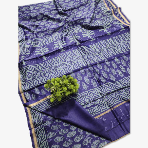 Chanderi Silk Saree Hand Block Printed Dark Violet