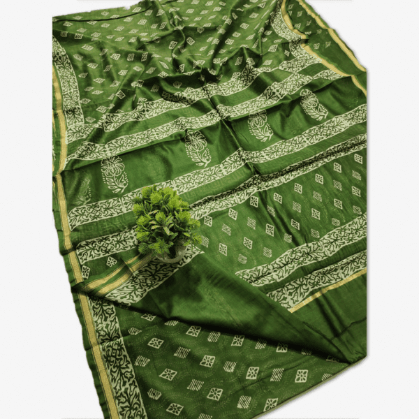 Chanderi Silk Saree Hand Block Printed Olive Green