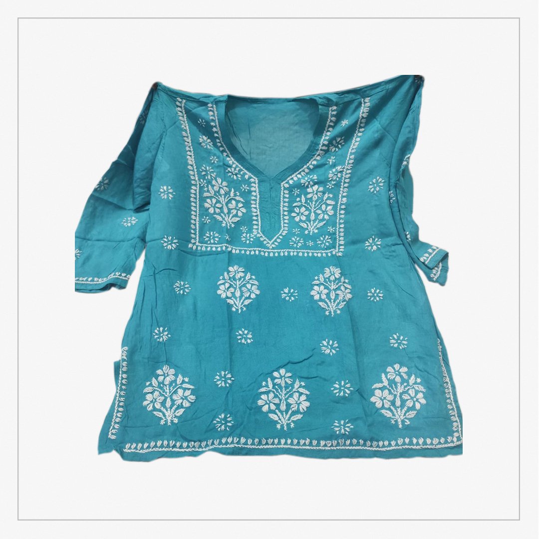 Lucknowi Chikankari – Rion Short Top – Sky Blue Color - Indyhaat