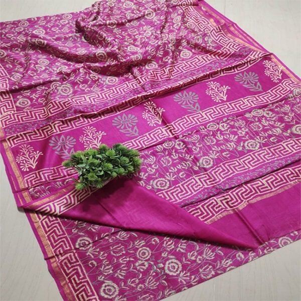 Chanderi Silk Saree Hand Block Flower Printed Pink