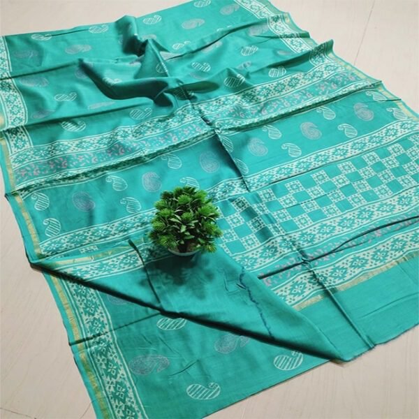 Chanderi Silk Saree Hand Block Printed Cyan