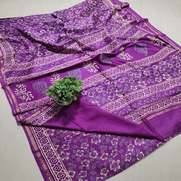 Chanderi Silk Saree Hand Block Printed Dark Magenta