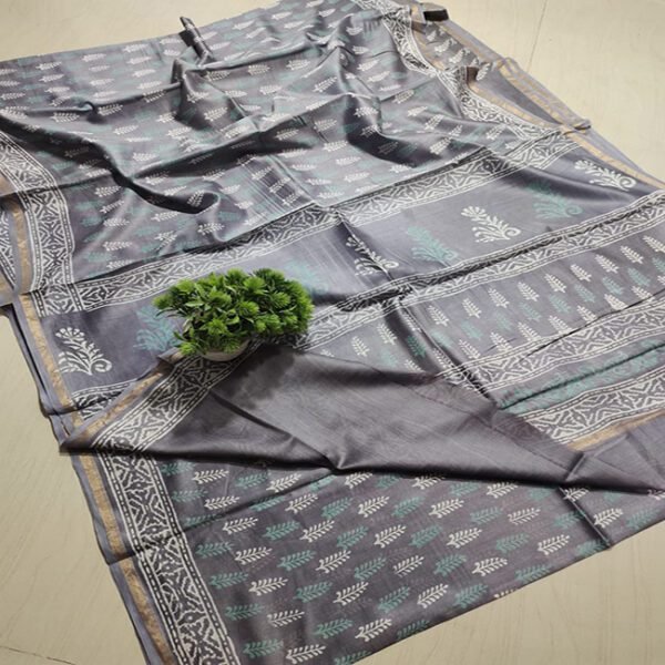 Chanderi Silk Saree Hand Block Printed Grey