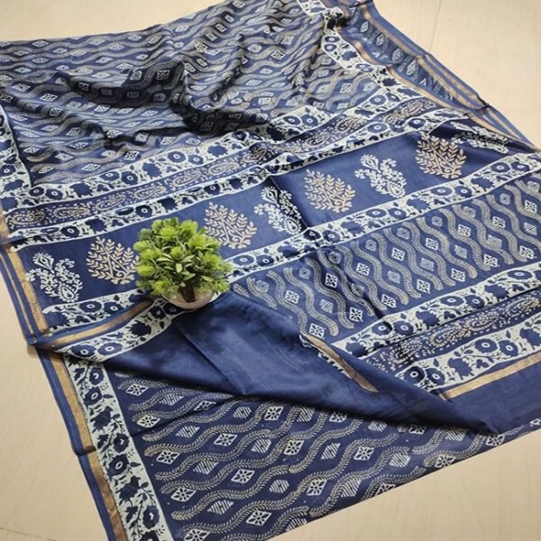 Chanderi Silk Saree Hand Block Printed Navy Blue