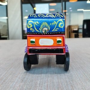 Handmade Blue and Orange Wooden Auto Rickshaw for Kids and Home Decoration