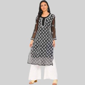 Long kurti chiffon fabric neck booti jaal fine chikankari -Black