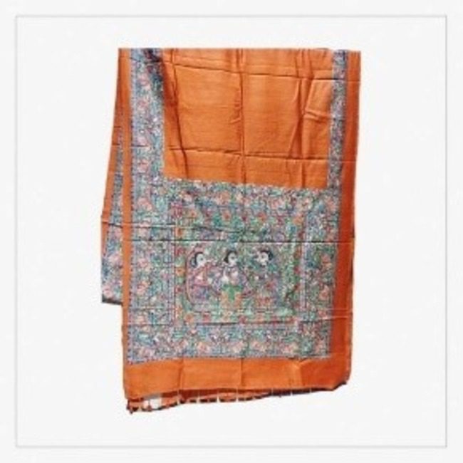 MADHUBANI TUSSAR SILK SAREE PURE NATURAL - ORANGE COLOR