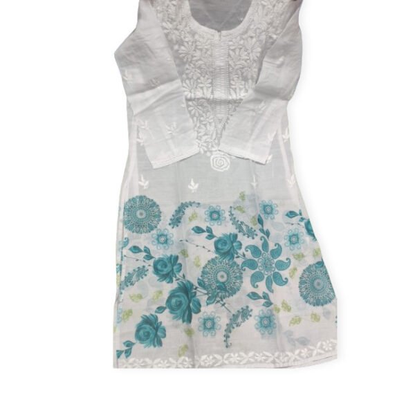 Long Kurti - White-Sky Blue Color