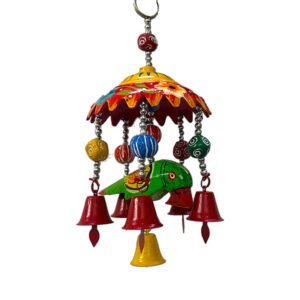 Varanasi - Wall Hanging Wooden Parrot Jhumar with Red Bells Multicolor