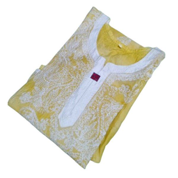 Lucknowi Chikankari Cotton Embroidered Long Yellow Kurti