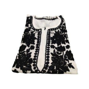 Lucknowi Chikankari Cotton Embroidered White&Black Long Kurta