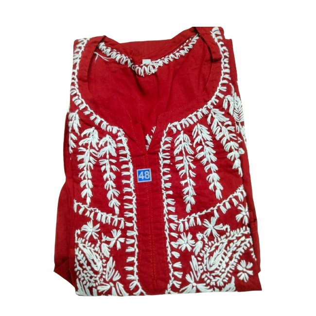 Lucknowi Chikankari Cotton Embroidered Long Red Kurti