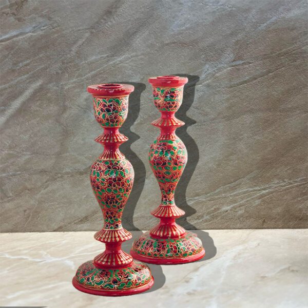 Kashmir Paper Machie Hand Painted Candle Stands Red, Green