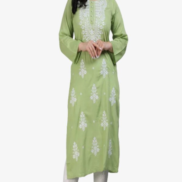 Lucknowi Chikankari Embroidered Georgette Light Green Long Rayon Kurti