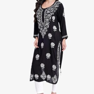 Lucknowi Chikankari Hand Embroidered Black Long kurti