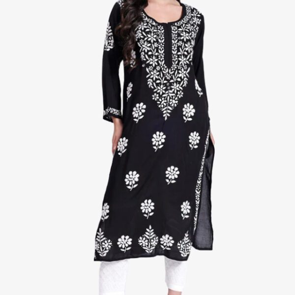 Lucknowi Chikankari Hand Embroidered Black Long kurti