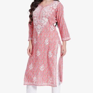 Lucknowi Chikankari Hand Embroidered Pure Cotton Printed Rose Peach Kurti