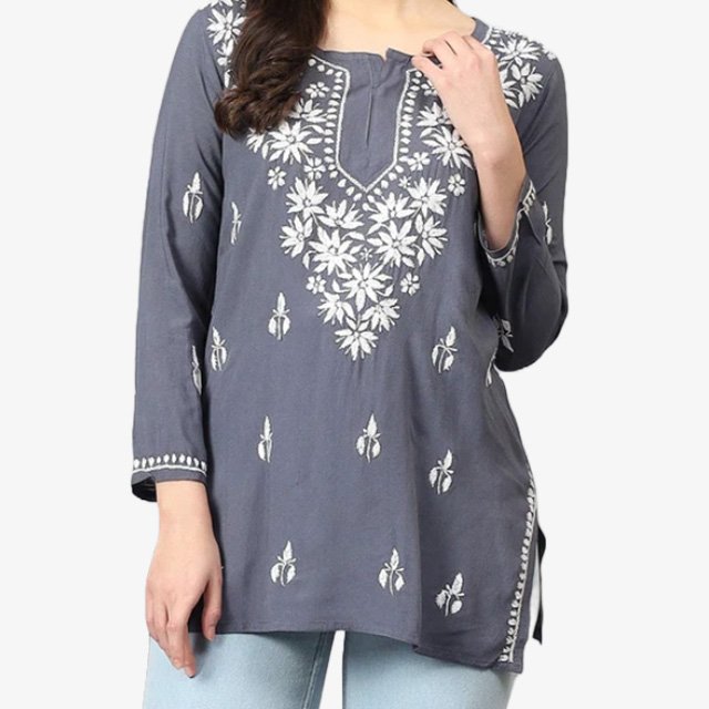 Lucknowi Chikankari Hand Embroidery Cotton Rayon Grey Short Kurti