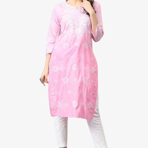 Lucknowi Chikankari Heavy Neck Embroidered Long Kurti Pre-Dyed Design Pink