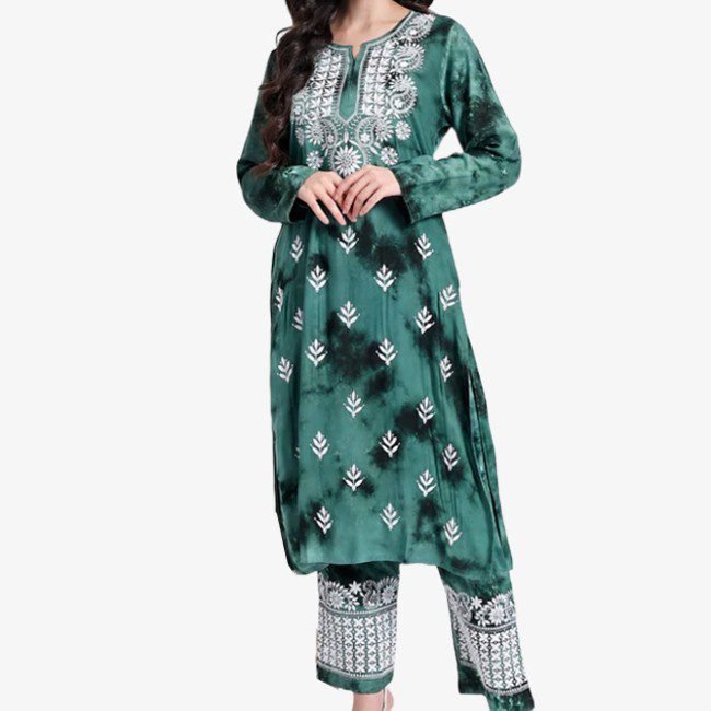 Lucknowi Chikankari Machine Embroidery Cotton Rayon Fabric Deep Sea Green Short Kurti