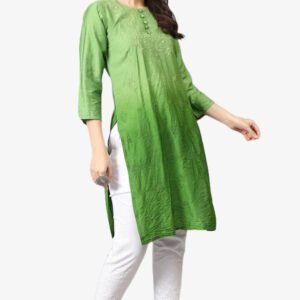 Lucknowi Chikankari Pure Chanderi Fine Embroidery Green Kurti