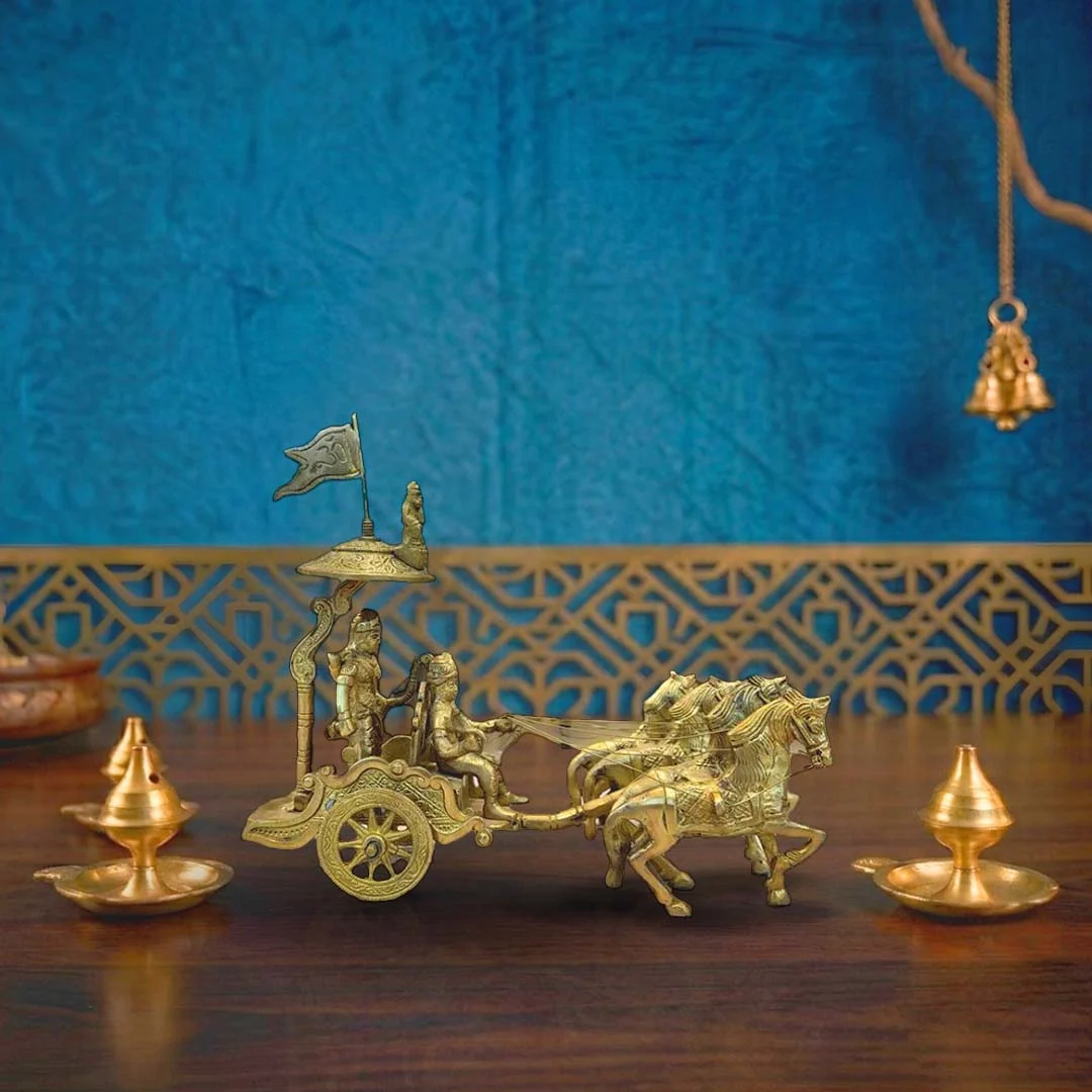 Moradabad Metal Craft Brass Lord Krishna & Arjuna Rath Idol with 4 Horse