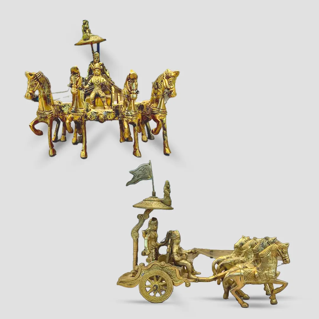 Moradabad Metal Craft Brass Lord Krishna & Arjuna Rath Idol with 4 Horse