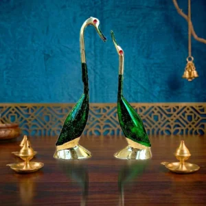Moradabad Metal Craft Brass Love Bird Saras Pair Showpiece Green