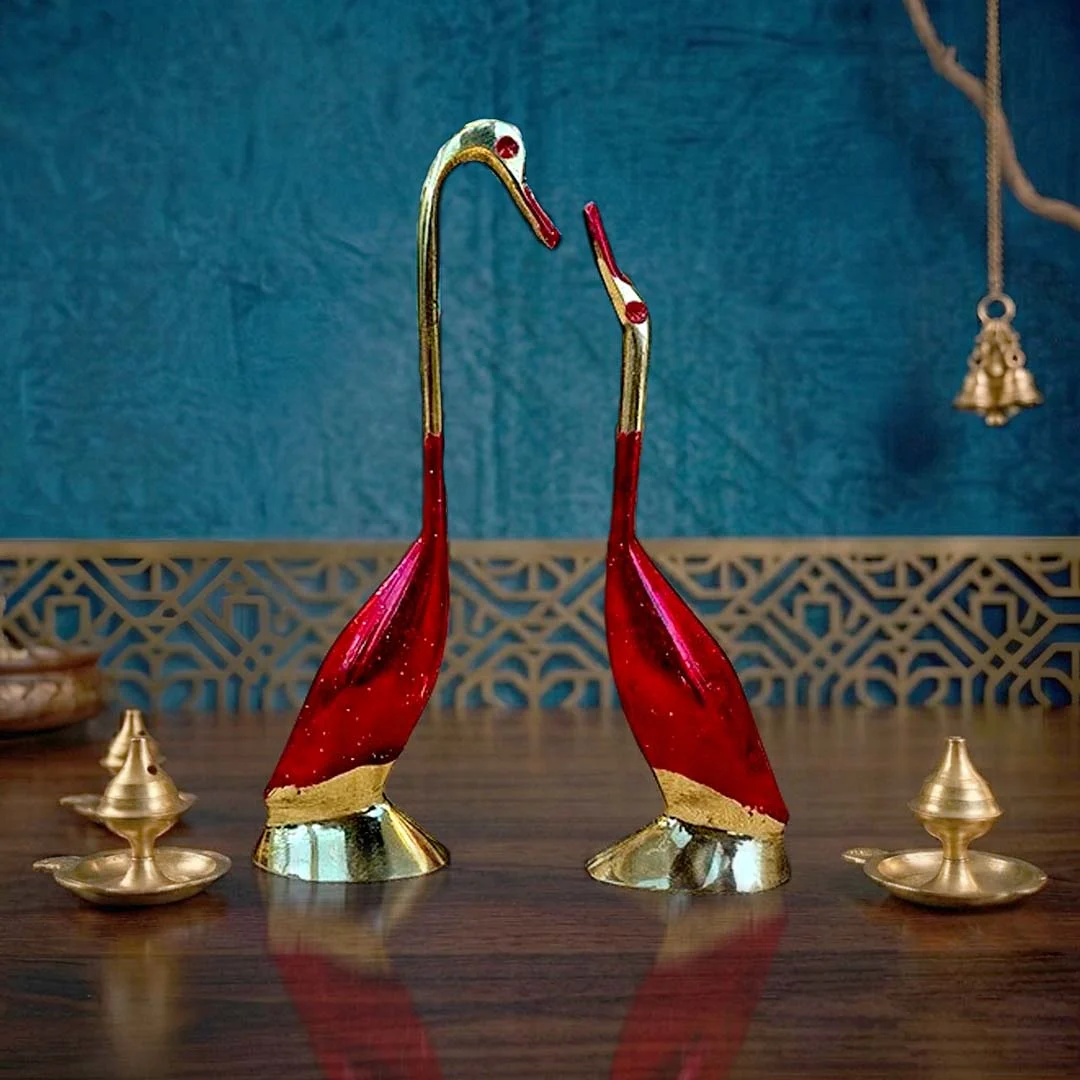 Moradabad Metal Craft Brass Love Bird Saras Pair Showpiece red