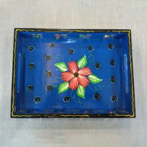 Varanasi Wooden Rectangular Floral Design Serving Tray Royal Blue