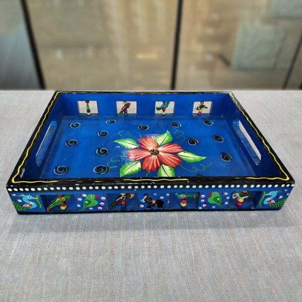Varanasi Wooden Rectangular Floral Design Serving Tray Royal Blue