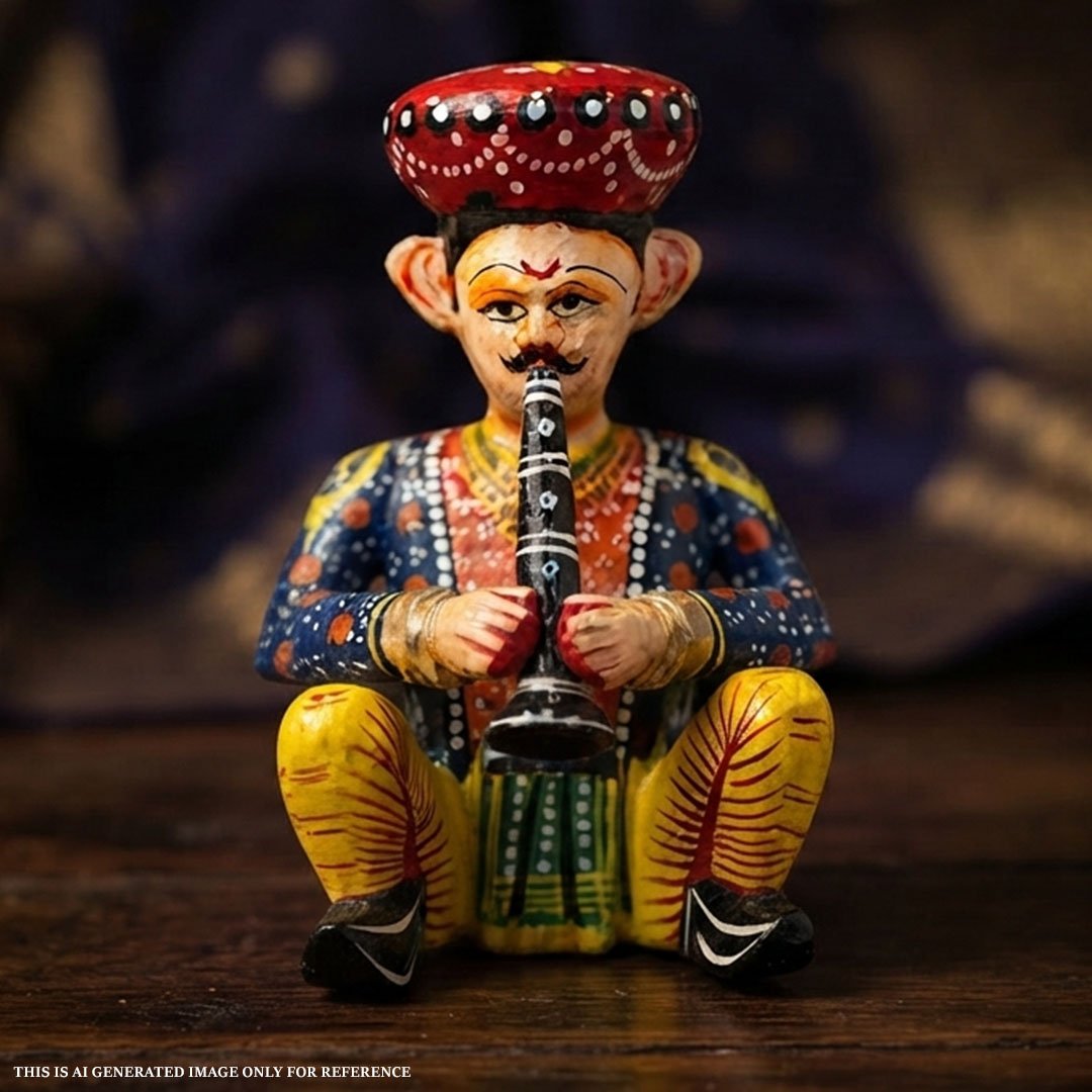 WOODEN MUSICIAN BAWLA WITH SHEHNAI MULTICOLOR