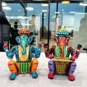 Wooden Musician Lord Ganesha Idol Set of 2 Blue and Red