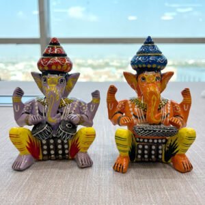 Wooden Musician Lord Ganesha Idol Set of 2 Multicolor