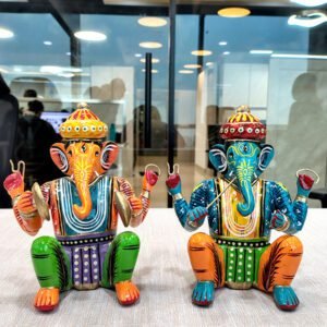 Wooden Musician Lord Ganesha Idol Set of 2 Orange and Blue