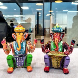 Wooden Musician Lord Ganesha Idol Set of 2 Orange and Red