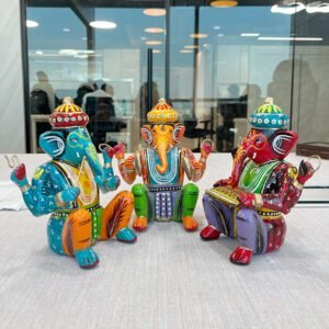 Wooden Musician Lord Ganesha Idol Set of 3 Orange and Blue, Red