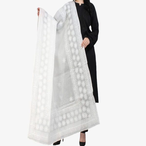 Lucknowi Chikankari Hand Embroidery Cotton Dupatta Tepchi And Bakhiya Work