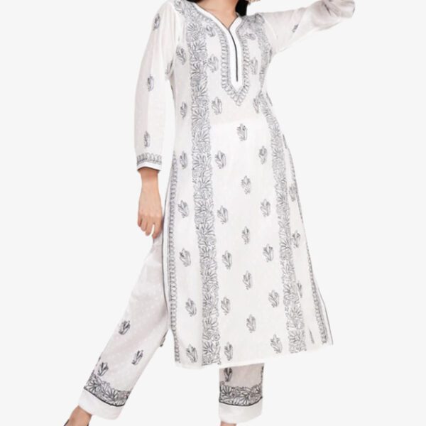Lucknowi Chikankari Hand Embroidery Cotton Kurti Set Bakhiya Work Black And White