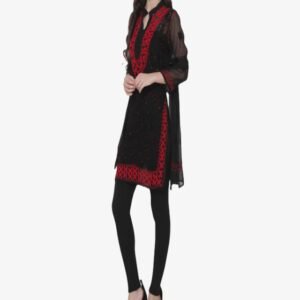 Lucknowi Chikankari Handmade Aari Work Kurti With Sequin Georgette Stole Black