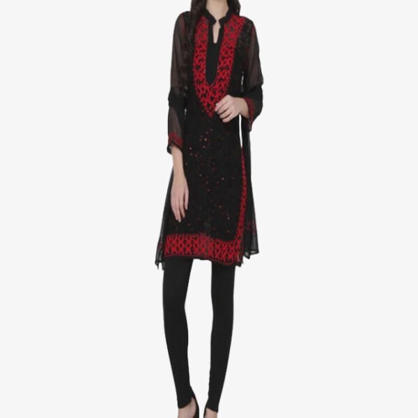 Lucknowi Chikankari Handmade Aari Work Kurti With Sequin Georgette Stole Black