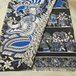Srikalahasthi Kalamkari Handprinted Cotton Saree Paisley Print Design Black, White and Blue