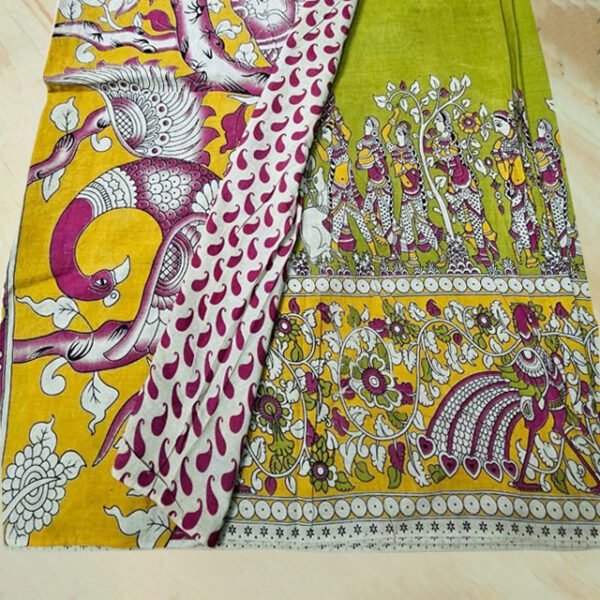 Srikalahasthi Kalamkari Handprinted Cotton Saree Paisley Print Design Green and Yellow